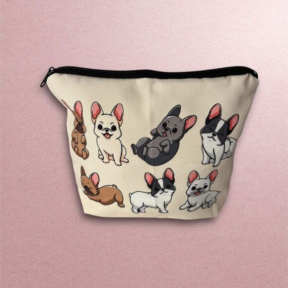 Cheerful Frenchie Bulldog Makeup Bag, Cute Dog Cosmetic Travel Toiletry Zipper P - Picture 3 of 4